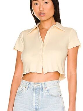 Rib-Knit Collared Crop Top in Light Cream